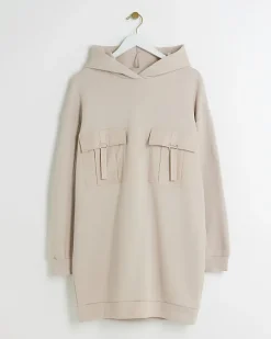 River Island Beige utility hooded sweatshirt mini dress Cream Hot