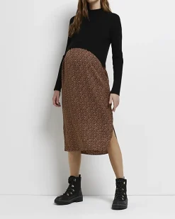 River Island 2 in 1 leopard maternity midi dress Black New