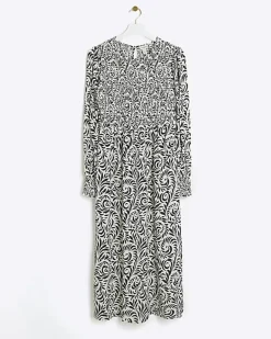 River Island abstract shirred swing midi dress Black Best