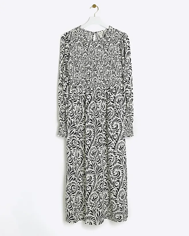 River Island abstract shirred swing midi dress Black Best