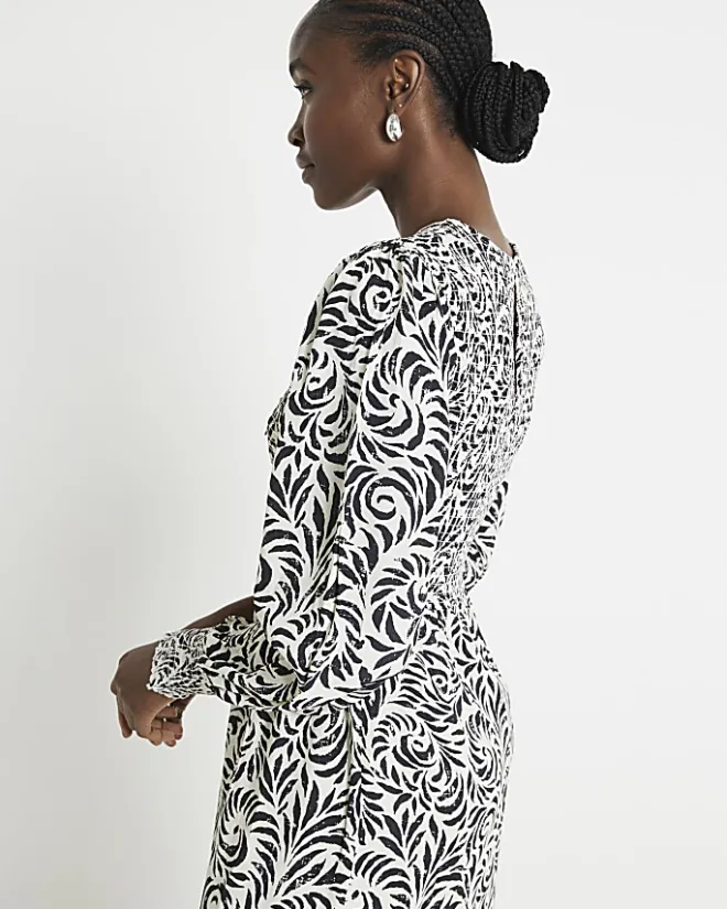 River Island abstract shirred swing midi dress Black Best