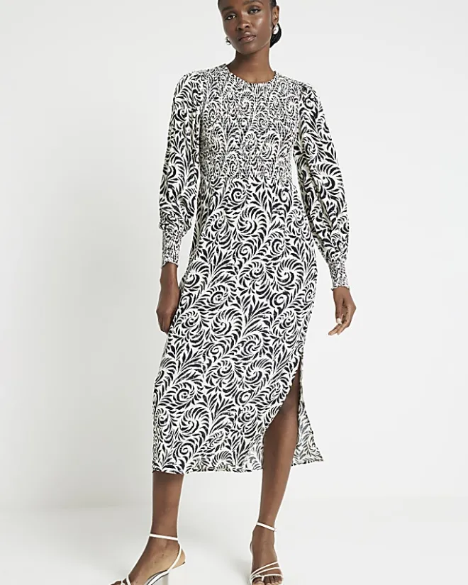 River Island abstract shirred swing midi dress Black Best
