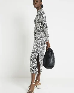 River Island abstract shirred swing midi dress Black Best