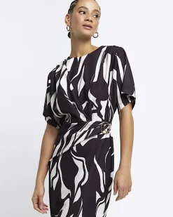 River Island abstract wrap bodycon midi dress Black Best