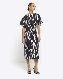 River Island abstract wrap bodycon midi dress Black Best