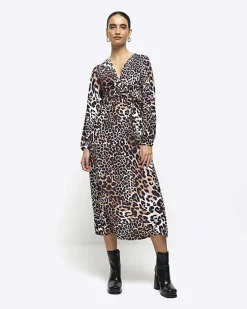 River Island animal print knot swing midi dress Black Online