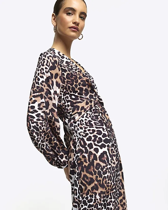 River Island animal print knot swing midi dress Black Online
