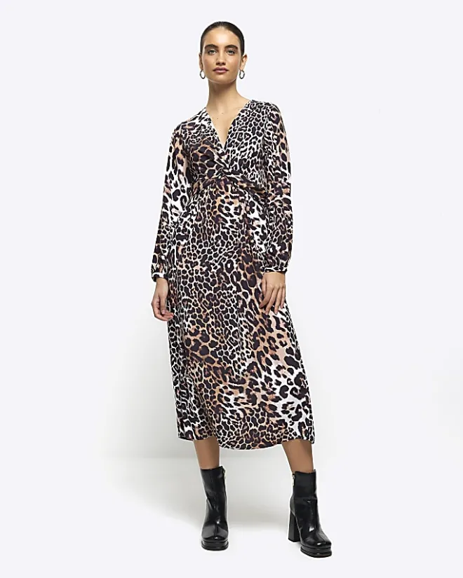 River Island animal print knot swing midi dress Black Online