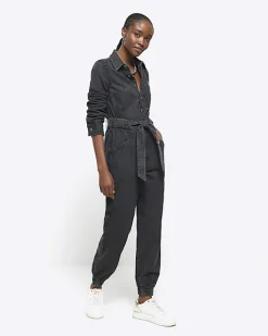 River Island belted denim jumpsuit Black Discount