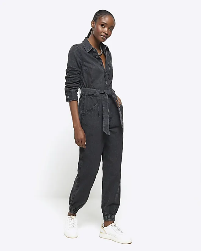 River Island belted denim jumpsuit Black Discount