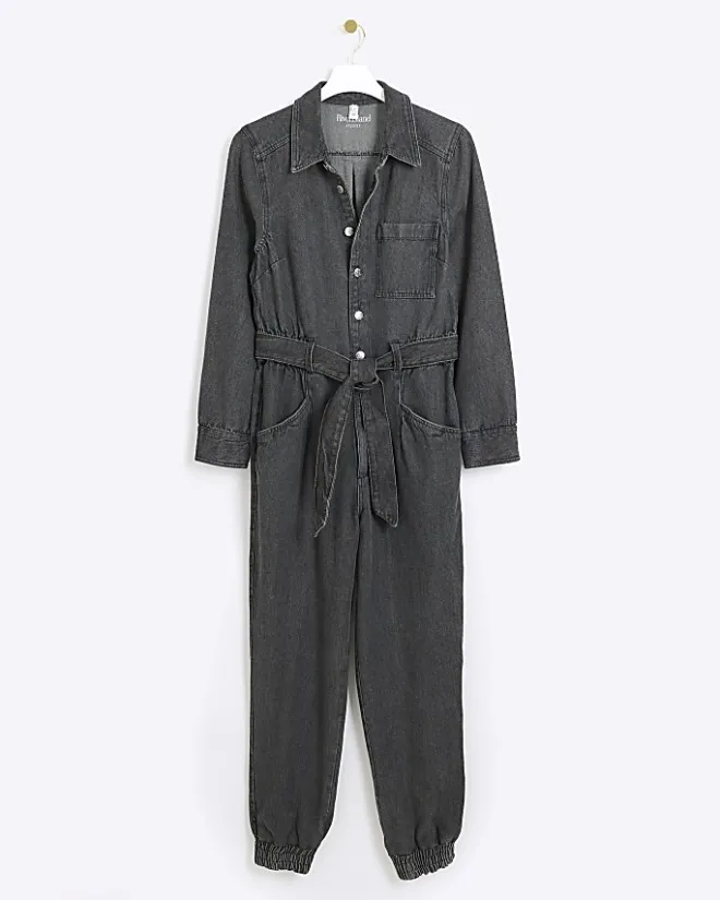 River Island belted denim jumpsuit Black Discount