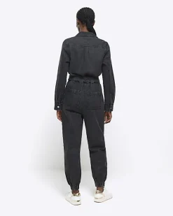 River Island belted denim jumpsuit Black Discount