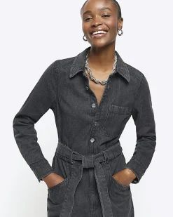 River Island belted denim jumpsuit Black Discount