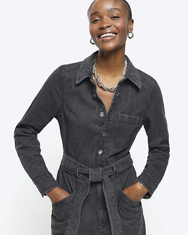 River Island belted denim jumpsuit Black Discount