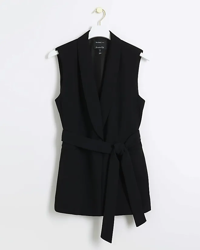 River Island belted longline waistcoat Black Clearance
