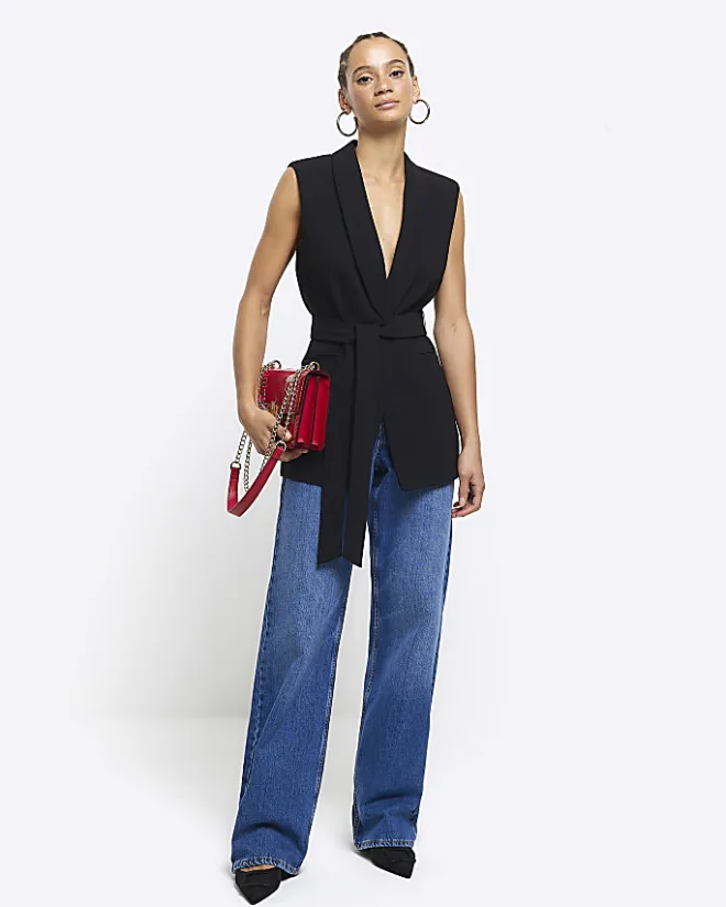 River Island belted longline waistcoat Black Clearance