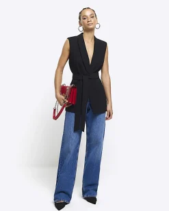 River Island belted longline waistcoat Black Clearance