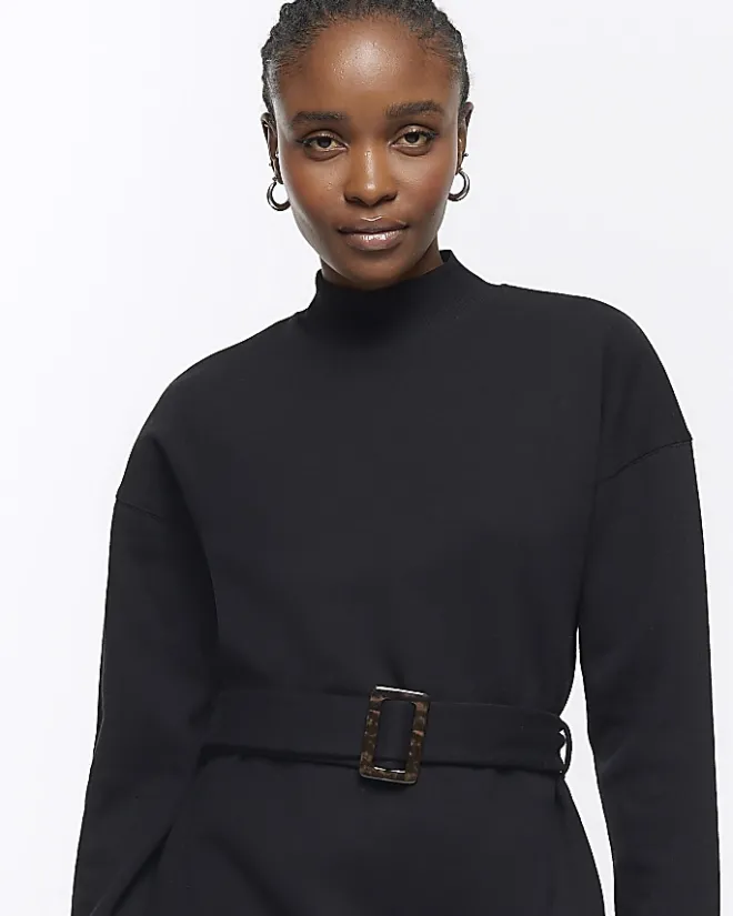 River Island Belted Sweatshirt Mini Dress Black Discount