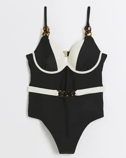 River Island belted swimsuit Black New