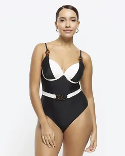 River Island belted swimsuit Black New