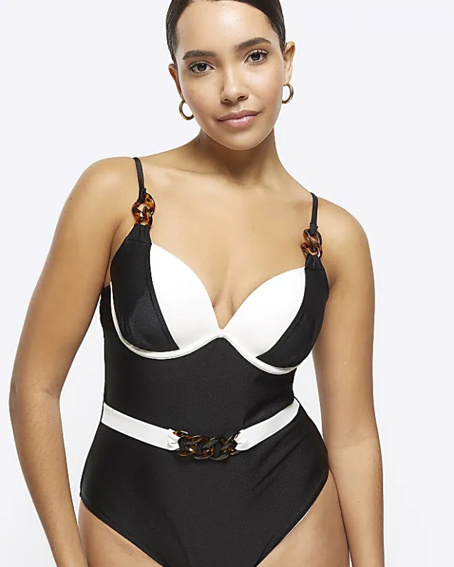River Island belted swimsuit Black New