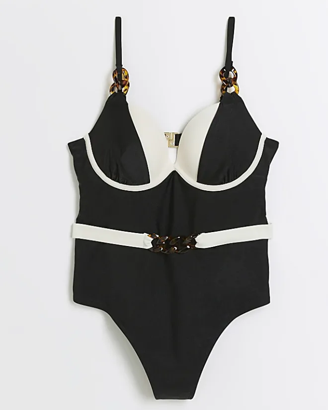 River Island belted swimsuit Black New
