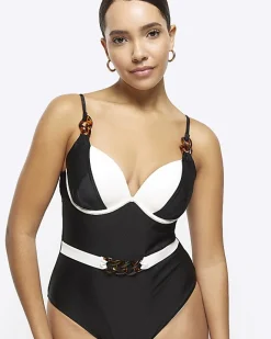 River Island belted swimsuit Black New