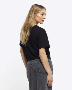 River Island Boxy Cropped T-Shirt Black Fashion