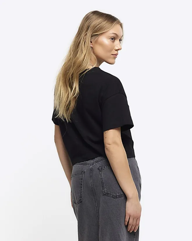 River Island Boxy Cropped T-Shirt Black Fashion