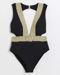 River Island buckle plunge swimsuit Black Sale
