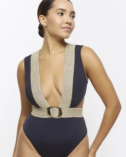 River Island buckle plunge swimsuit Black Sale