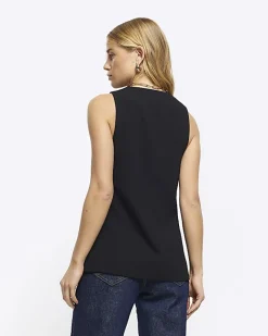 River Island button up long waistcoat Black Fashion