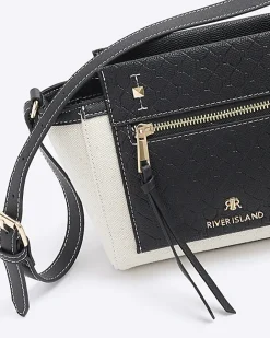 River Island canvas embossed RI cross body bag Black Sale