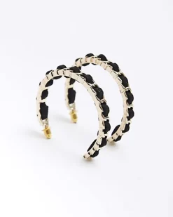 River Island Chain Thread Hoop Earrings Black Clearance