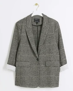 River Island check rolled sleeve blazer Black Sale