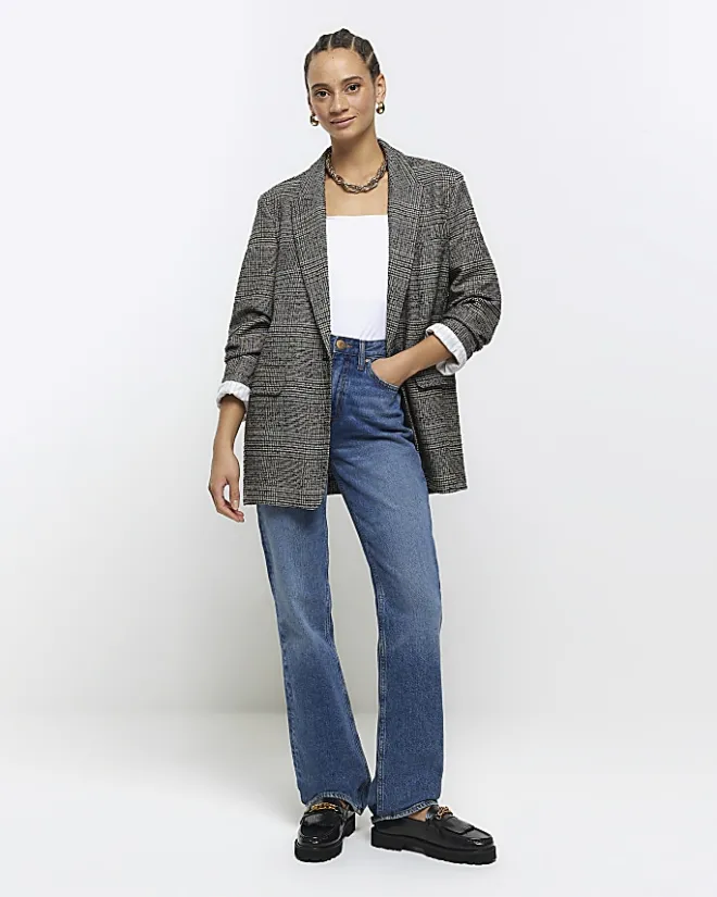River Island check rolled sleeve blazer Black Sale