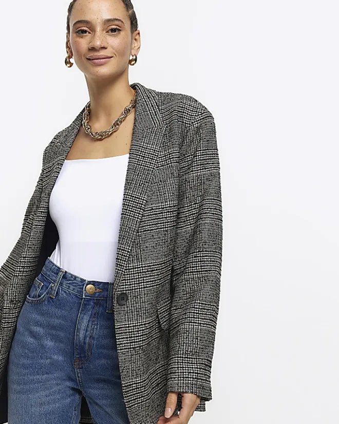 River Island check rolled sleeve blazer Black Sale