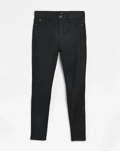River Island coated denim high waisted skinny jeans Black Outlet