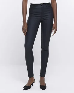River Island coated denim high waisted skinny jeans Black Outlet