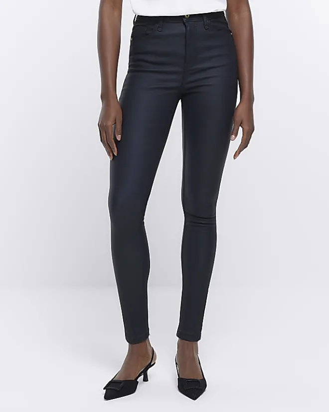 River Island coated denim high waisted skinny jeans Black Outlet
