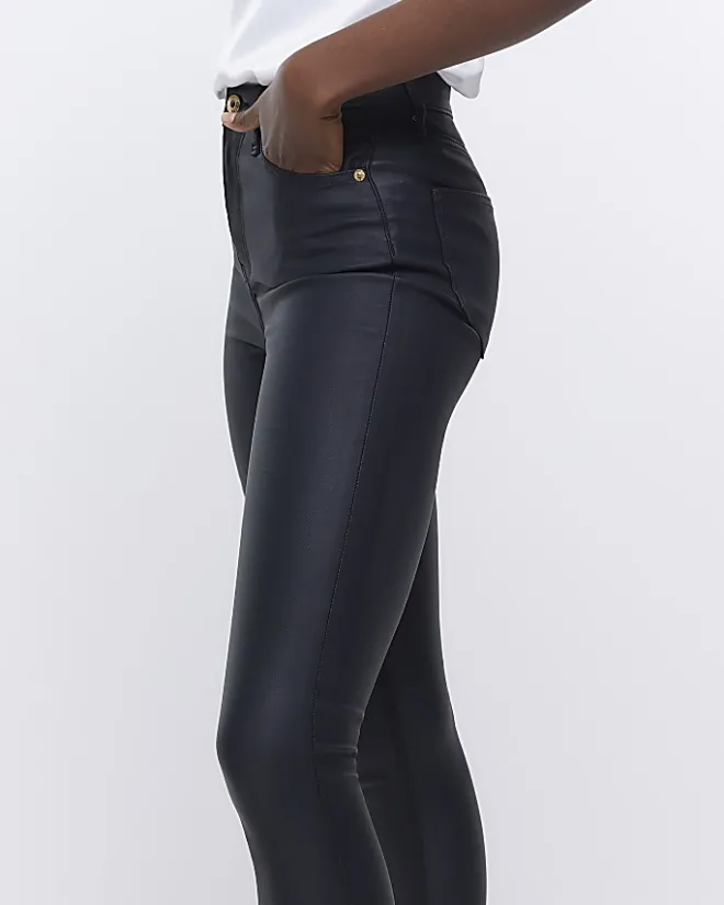 River Island coated denim high waisted skinny jeans Black Outlet
