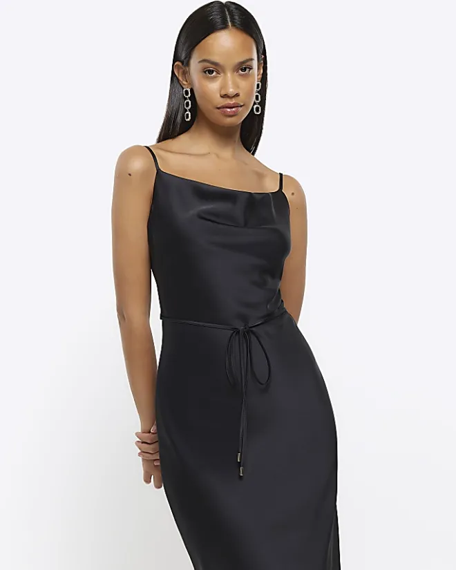 River Island cowl neck slip midi dress Black Sale