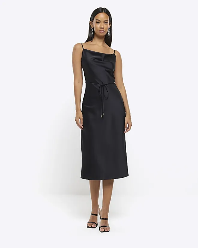 River Island cowl neck slip midi dress Black Sale