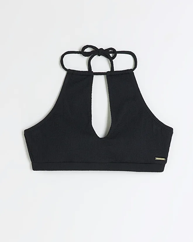 River Island crinkle halter bikini top Black New