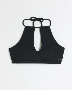 River Island crinkle halter bikini top Black New