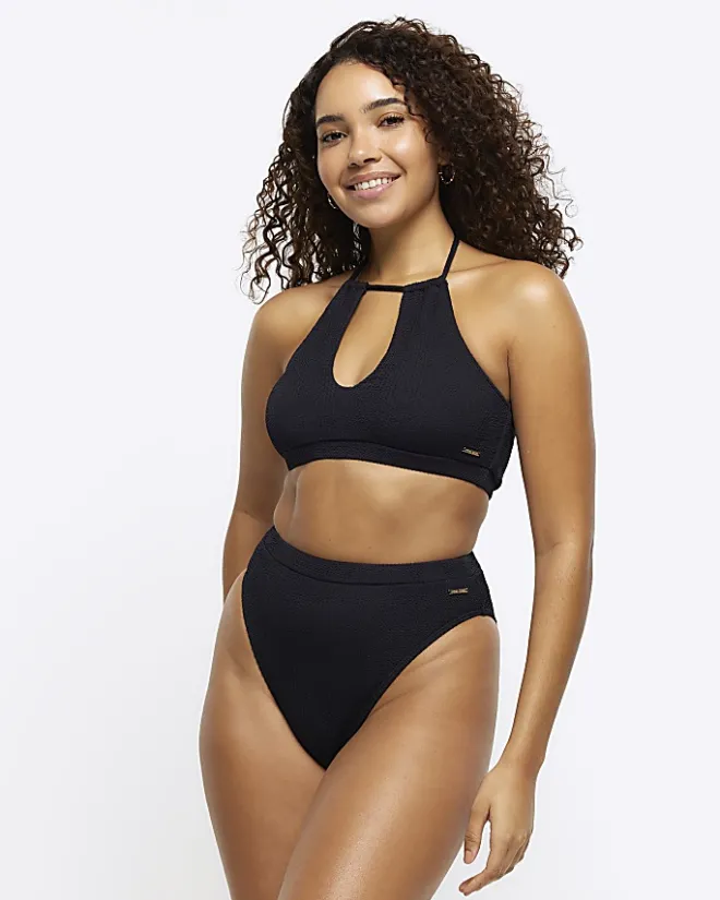 River Island crinkle halter bikini top Black New