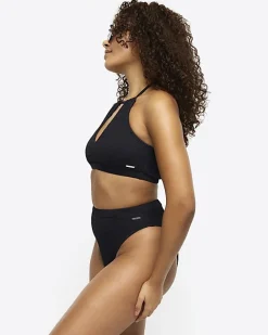 River Island crinkle halter bikini top Black New