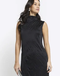 River Island crinkle high neck bodycon midi dress Black Outlet