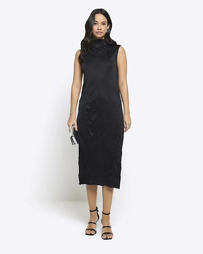 River Island crinkle high neck bodycon midi dress Black Outlet