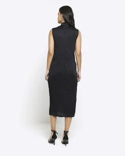 River Island crinkle high neck bodycon midi dress Black Outlet